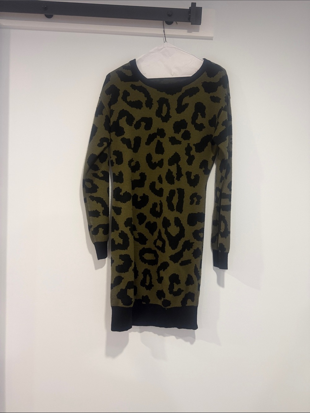 Olive Green Leopard Print Sweater Dress - Women